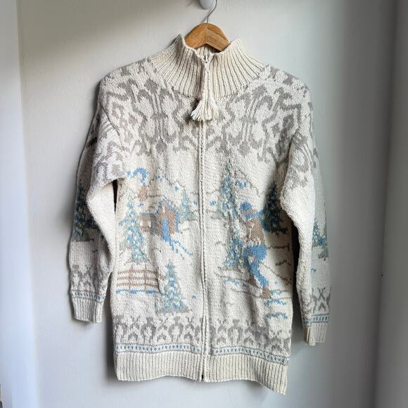 Eagle’s Eye Ski Scene Cardigan Sweater Winter Zip Front Women’s Small - Picture 1 of 13